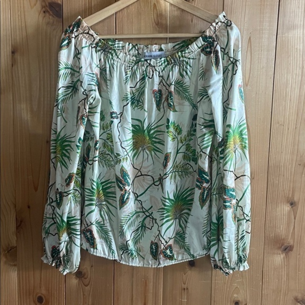 Adriana Iglesias Silk Tropical Leaf Off Shoulder Top 36